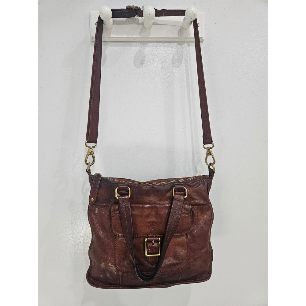 Fossil Long Live Vintage Brown Leather Crossbody Tote Bag Brass Hardware